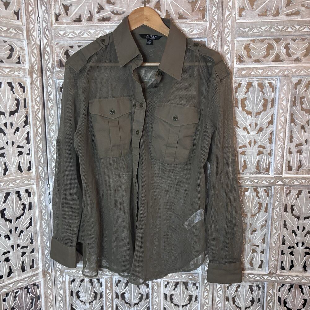 Lauren Ralph Lauren Olive Cotton Mesh/Sheer Button Down Shirt Roll Tab Sleeve L